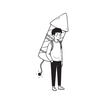 Hand drawn vector illustration of a sad young man tied to a giant firework rocket with a lit fuse. Black and white doodle line art concept of business startup, risky launch, extreme pressure, or burno