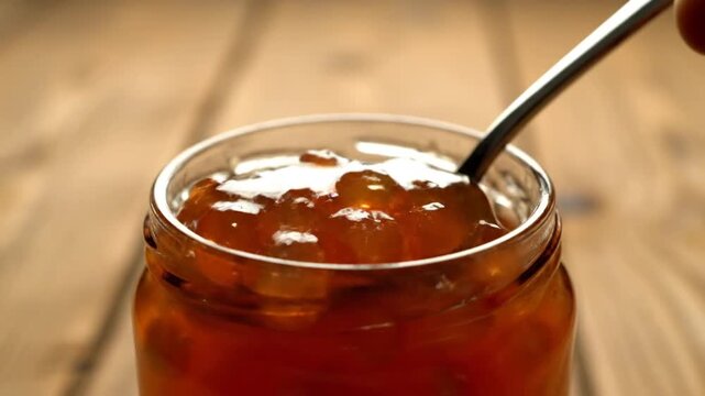 Sequence of images showing the process of adding and stirring jam into a glass jar, then pouring and scooping honey-like syrup with a spoon. The focus is on the gradual filling of the jar with sweet,