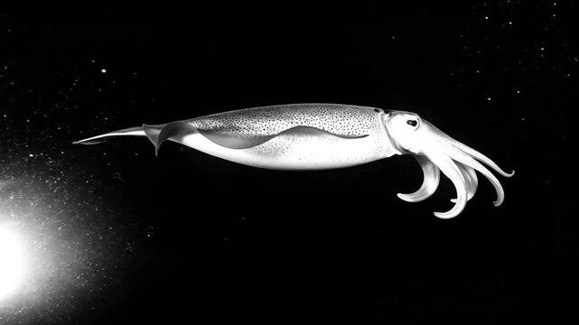 A grayscale image showcases a squid swimming in darkness, near a bright light source