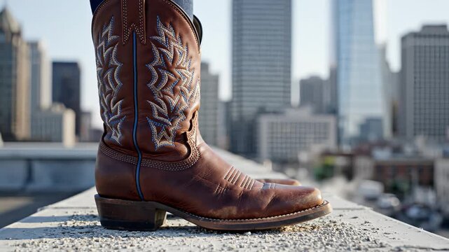Cowboy boot on city rooftop