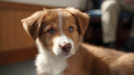 Close up portrait of a young fluffy puppy bathed in sunlight looking intently with curious bright eyes