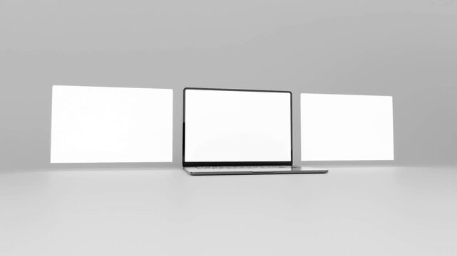 Three laptop screens sequence in perspective. Blank template for place your web page design, posts and carousels. Ready for mockup. 3D Rendering High resolution 8k.