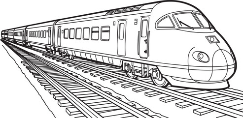 A black and white illustration of a bullet train on railroad tracks