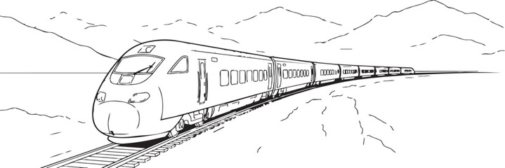 A train traveling through a scenic mountain landscape in a black and white sketch