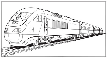 A black and white line drawing of a modern train on tracks