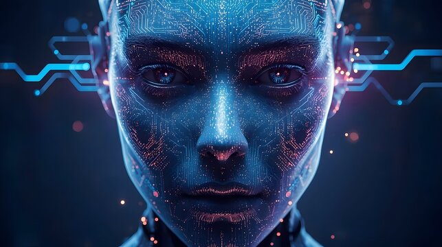 Futuristic blue cyborg face with digital artificial intelligence glowing circuitry showing emotionless and deep gaze looking forward into cyber virtual reality of future technology and science