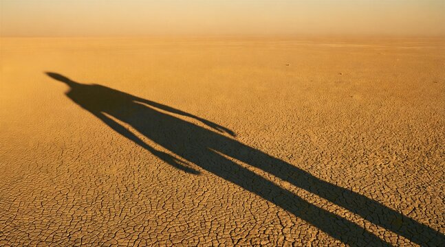Long Human Shadow on Cracked Desert Ground at Golden Hour