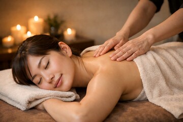 Fototapeta premium アロマキャンドルの灯る落ち着いたスパの個室で背中のオイルマッサージを受ける若い女性