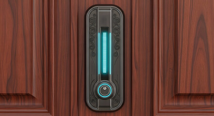 Fototapeta premium Modern Smart Lock with Blue Light on a Wooden Door