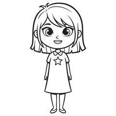 Fototapeta premium Cheerful Cartoon Girl Character in Star Dress, Black and White Outline
