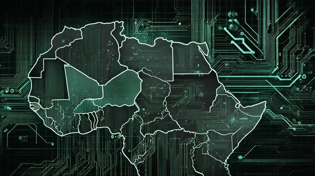 Stylized digital illustration of an African continent map with interconnected circuit patterns