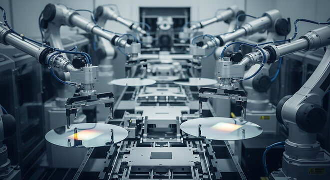 Automated robotic precision mechanical arm handling delicate circular silicon wafers within a sterile cleanroom semiconductor fabrication facility for advanced microchip manufacturing production.