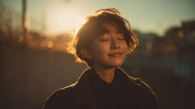 Peaceful young woman bathed in golden hour light, eyes closed in bliss