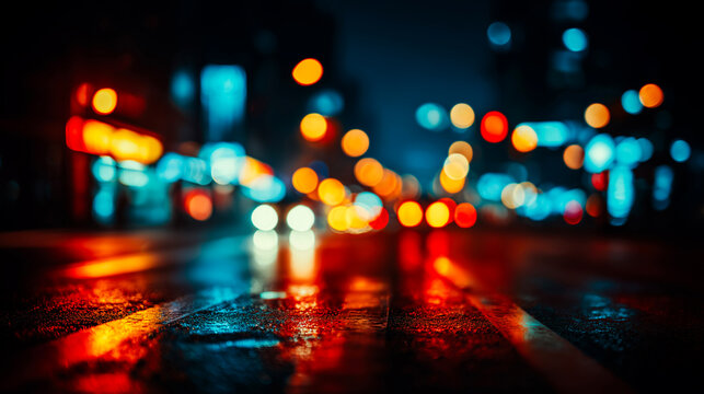 雨に濡れた夜の街路と滲むボケライトの反射