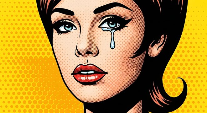 Retro Pop Art Woman Crying Tears of Sadness on Yellow Background.