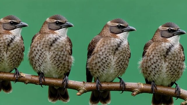 Four birds perched on branch against green background