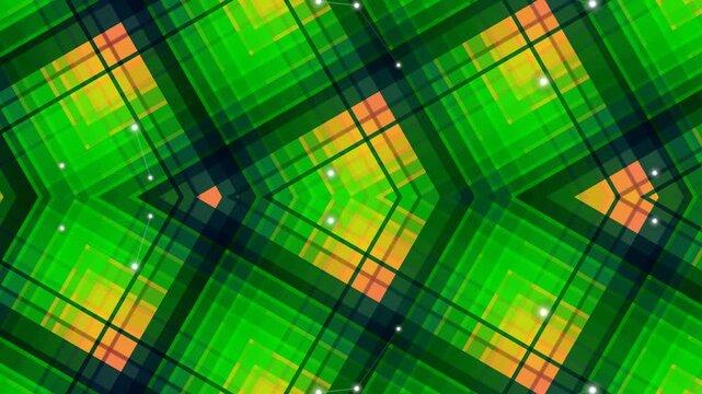 Vibrant green plaid pattern with orange and black accents viewed from directly above in a graphic design