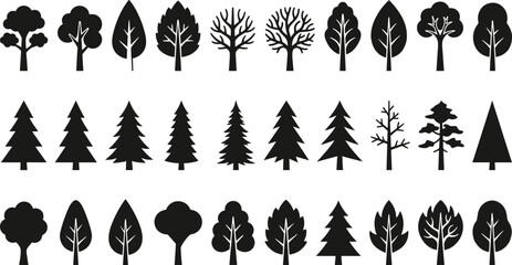 Tree silhouette vector illustration set, diverse nature design with deciduous and coniferous shapes, rounded canopies, and eco motifs © designspro