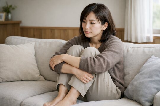 リビングのソファで膝を抱えて座り悲しい表情で考え事をする孤独な一人の日本人女性