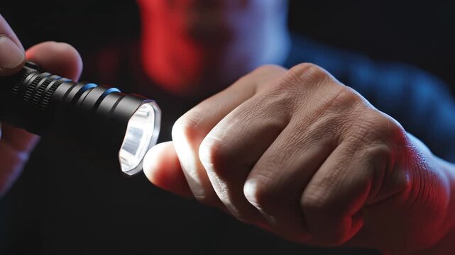 Hand holding lit flashlight in dark