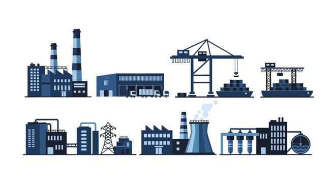 Industrial Plant Illustration: Set of industrial plant. Complex industrial buildings, with factory, smokestacks, cranes, and containers, conveys the essence of manufacturing.