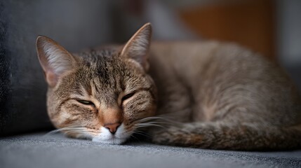A tabby cat sleeps peacefully curled on a soft grey couch