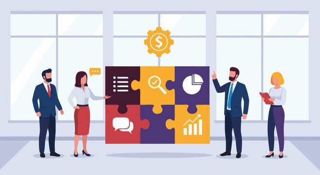 Strategic business planning vector illustration of a team assembling a puzzle representing growth and analytics