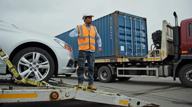 Man securing car on flatbed truck