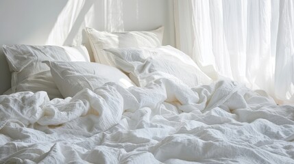 Obraz premium A neatly made bed with white linens and pillows. Soft sunlight filters through sheer curtains, creating a calm and serene atmosphere.