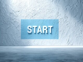 真っ白な漆喰壁に青い長方形の背景とSTARTの文字が浮かび上がるおしゃれな背景素材