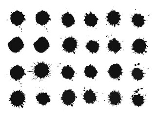 Collection of various black ink splatter shapes arranged on a white background