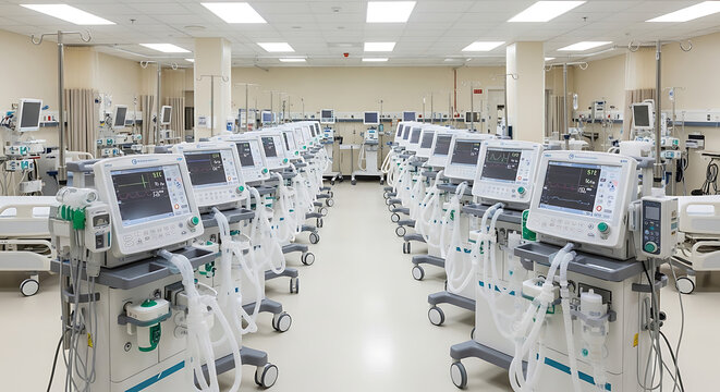 Multiple intensive care unit medical ventilator machines for respiratory support in a modern hospital ward facility, advanced pulmonary breathing apparatus devices for lung ventilation.