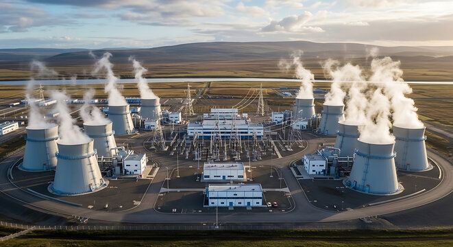 Industrial complex featuring multiple small modular reactor (SMR) units for sustainable atomic energy generation, carbon-free nuclear power plant facility with modern fission technology.