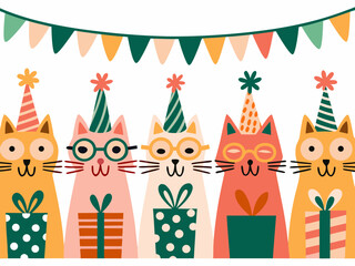 Obraz premium Cute cat birthday party illustration with festive decorations presents and colorful bunting