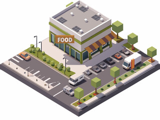 Fototapeta premium Isometric illustration of a modern food store with surrounding street scene