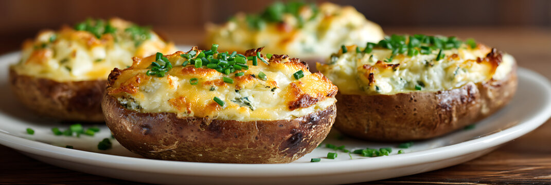 Delicious Twice Baked Potatoes with Melted Cheese and Fresh Chives Served on a White Plate. Perfect Gourmet Side Dish for Family Dinner or Restaurant Menu Presentation.