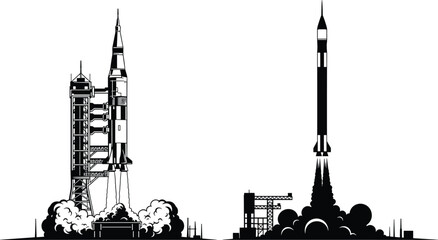 Space rocket launch vector silhouette set, shuttle blast off with smoke, spacecraft mission takeoff, astronomy science technology icons, isolated, galactic. © Rahena ARAFAT
