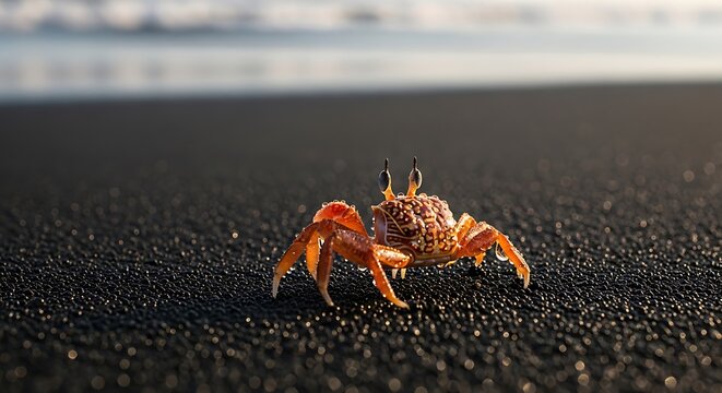 Close up of a crab on dark sand with ocean background in daylight