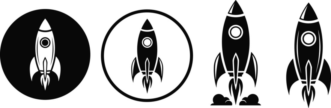 Space rocket launch vector silhouette set, shuttle mission takeoff with smoke, spacecraft exploration icons, astronomy science technology elements, isolated, galactic, NASA.