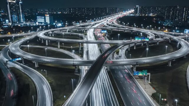 Nighttime aerial view of a complex highway interchange