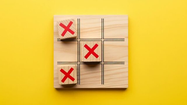 Hand placing wooden tic tac toe block with red X on yellow background