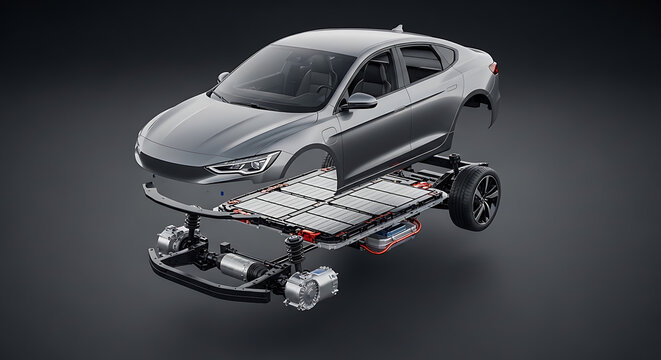 Technical diagram showing an electric vehicle chassis in an exploded layout, featuring the lithium battery pack, drivetrain components, motor, and undercarriage system isolated on white