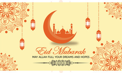 Elegant Eid Mubarak Greeting Card with Crescent Moon Mosque and Hanging Lanterns Vector Design