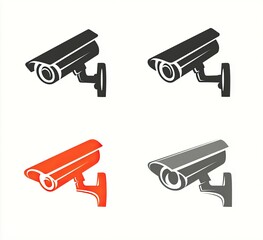 Four security camera illustrations in black, red, and gray, isolated on white