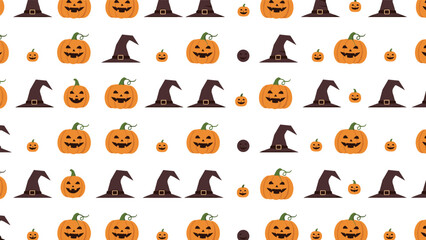 Fototapeta premium Spooky Halloween seamless pattern depicts smiling orange jack-o-lanterns and dark purple witch hats scattered on a clean white background.