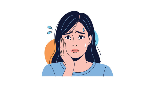 Illustration of a stressed and worried woman with sweat drops on her face representing anxiety, fear, or a difficult life situation.