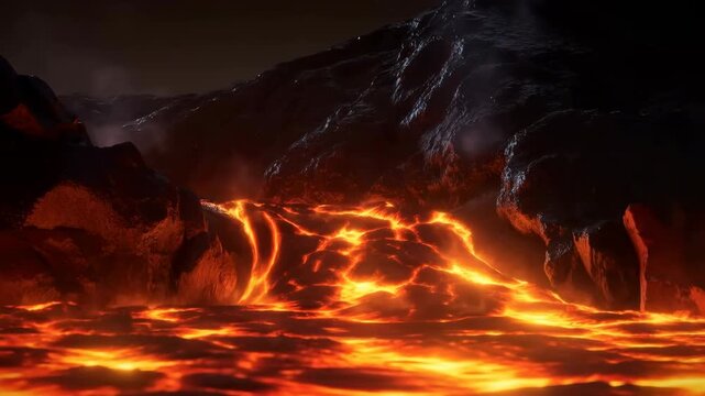 Fiery Mountain Eruption. Lava Cascades Down Dark Mountains Amidst Billowing Smoke Clouds At Night