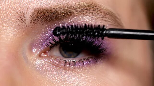 Closeup of eye with purple makeup and mascara