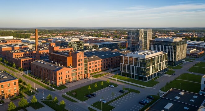 Modern office buildings and historic brick structures coexist in a revitalized urban district.