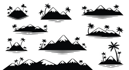 Tropical Island Icon Vector Palm Tree Mountain Silhouettes © BASAR BIN HABIB
